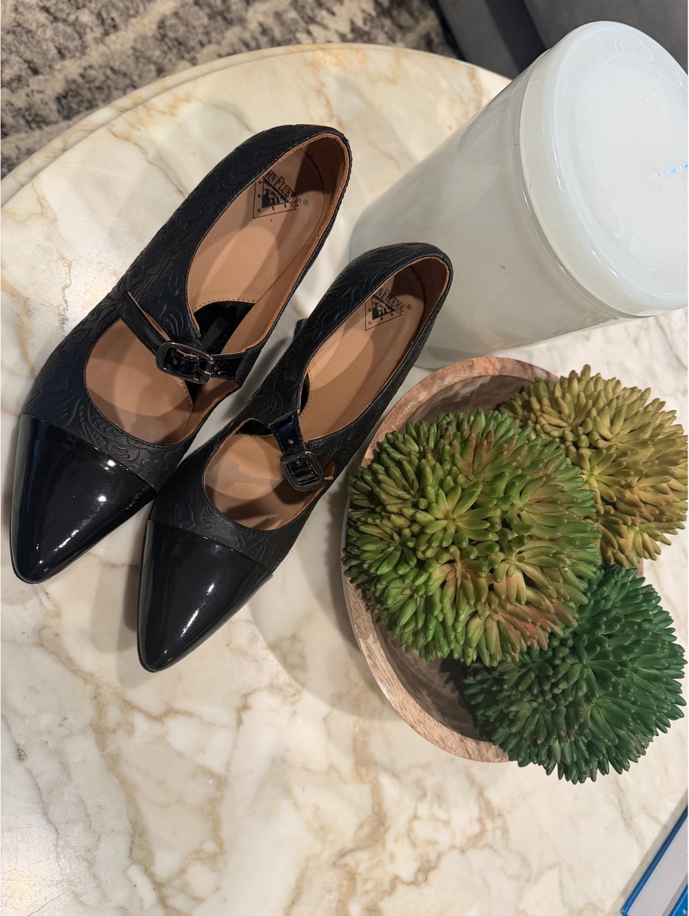 John Fluevog Women's Black Embossed 7.5  Leather Mary Jane Pumps
